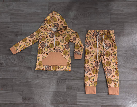 preorder Samples BLP1504 Thankgiving Turkey Pumpkin Pocket Hoodie Long Sleeve Pants Boys Set