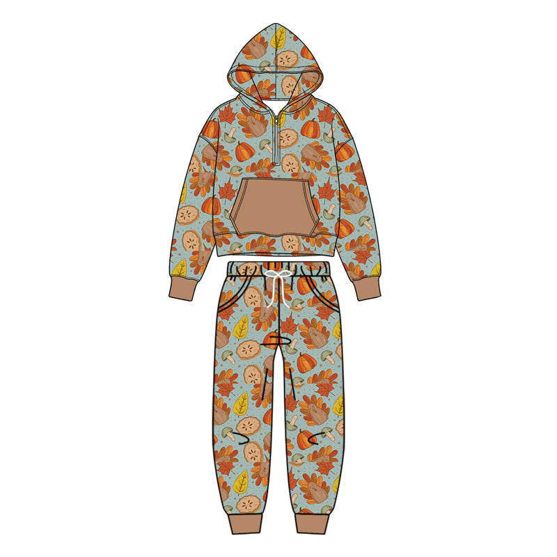 preorder BLP1505 Thankgiving Turkey Pumpkin Pocket Hoodie Long Sleeve Pants Boys Set（副本）