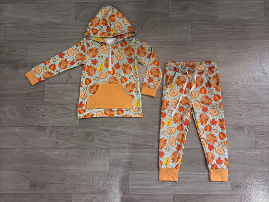preorder Samples BLP1505 Thankgiving Turkey Pumpkin Pocket Hoodie Long Sleeve Pants Boys Set（副本）