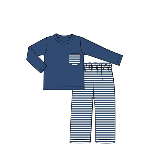 preorder BLP1512 Blue Pocket Long Sleeve Striped Pants Boys Set