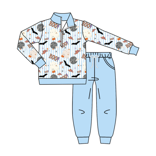 preorder BLP1528 Halloween Bat Spooky Blue Zipper Long Sleeve Pants Boys Set
