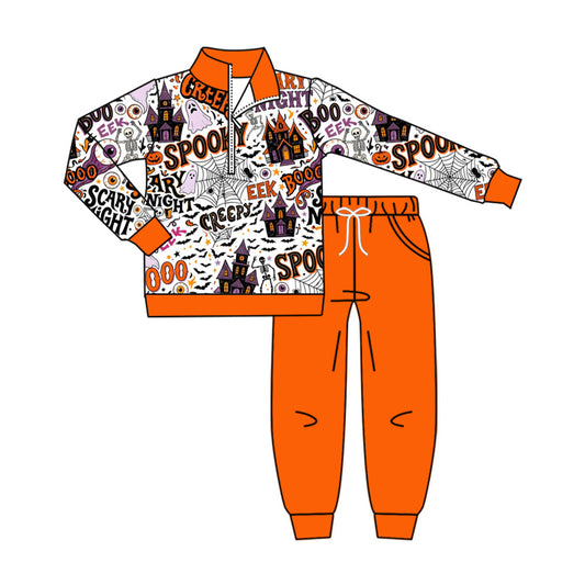 preorder BLP1529 Halloween Bat Spooky Orange Zipper Long Sleeve Pants Boys Set