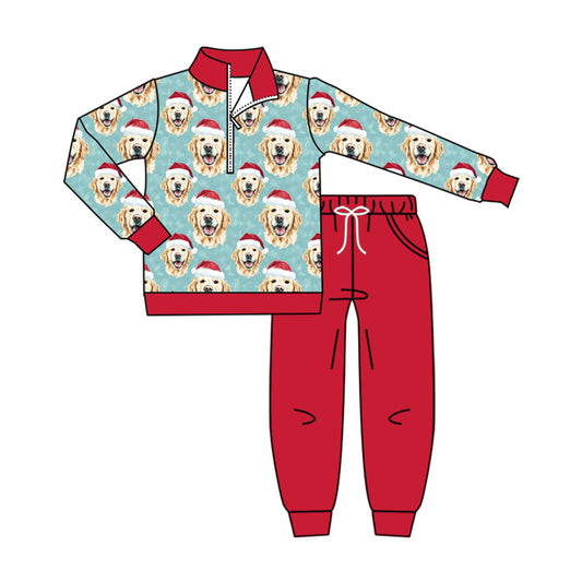 preorder BLP1530 Christmas Dog Red Zipper Long Sleeve Pants Boys Set