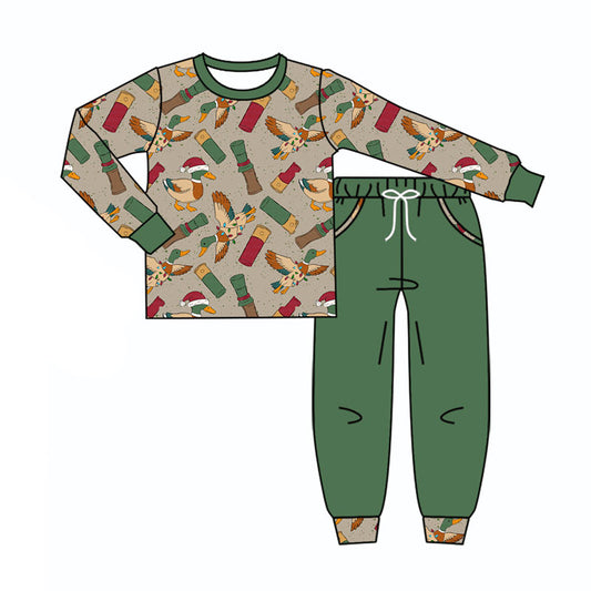 preorder BLP1531 Christmas Duck Call Green Zipper Long Sleeve Pants Boys Set