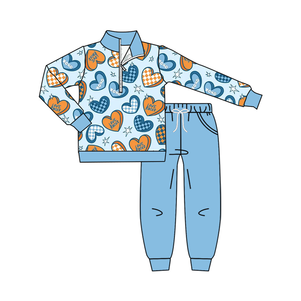 preorder BLP1536 Valentine's Day Love Rocks Blue Zipper Long Sleeve Pants Boys Set