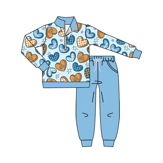 preorder BLP1536 Valentine's Day Love Rocks Blue Zipper Long Sleeve Pants Boys Set