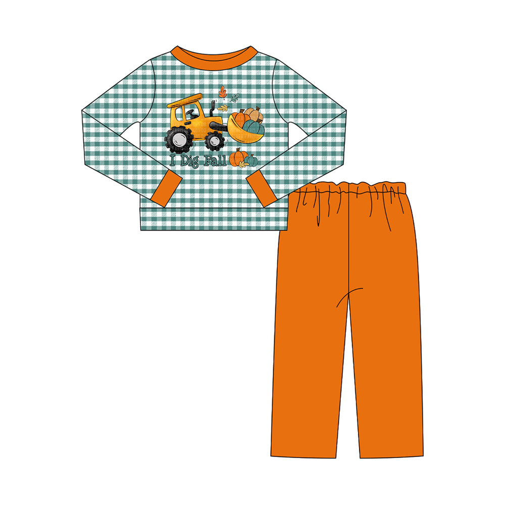 preorder BLP1542 I Dig Fall Pumpkin Truck Checkered Long Sleeve Pants Boys Set