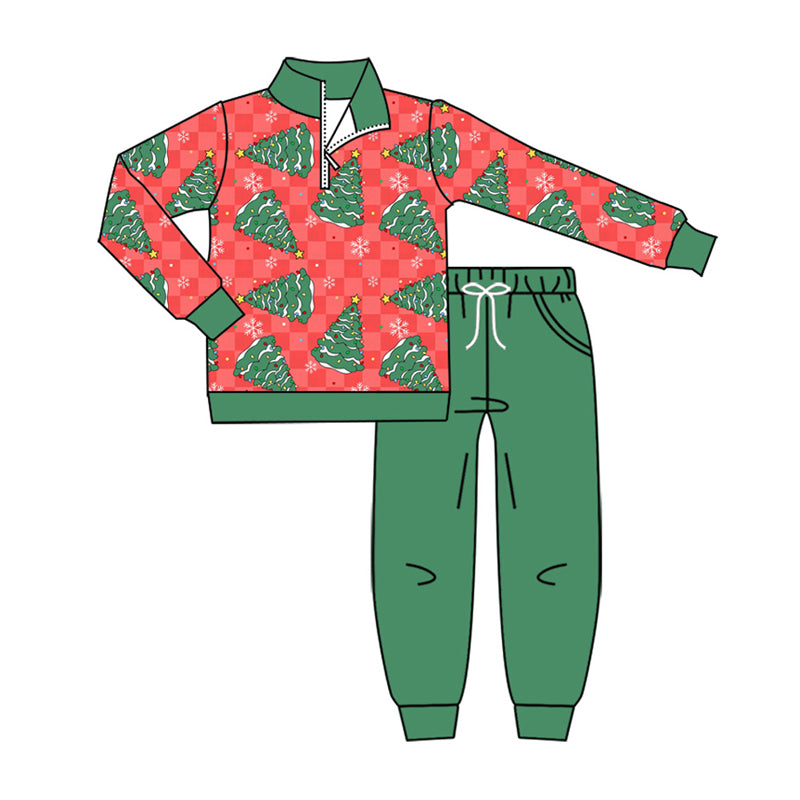 preorder BLP1551 Christmas Tree Zipper Long Sleeve Green Pants Boys Set