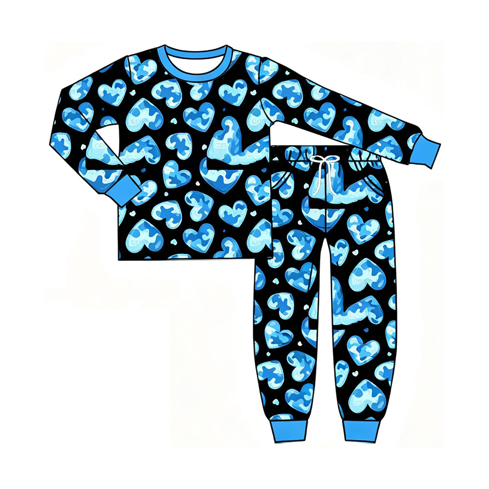 preorder BLP1558 Valentine's Day Camo Heart Blue Long Sleeve Pants Boys Pajamas