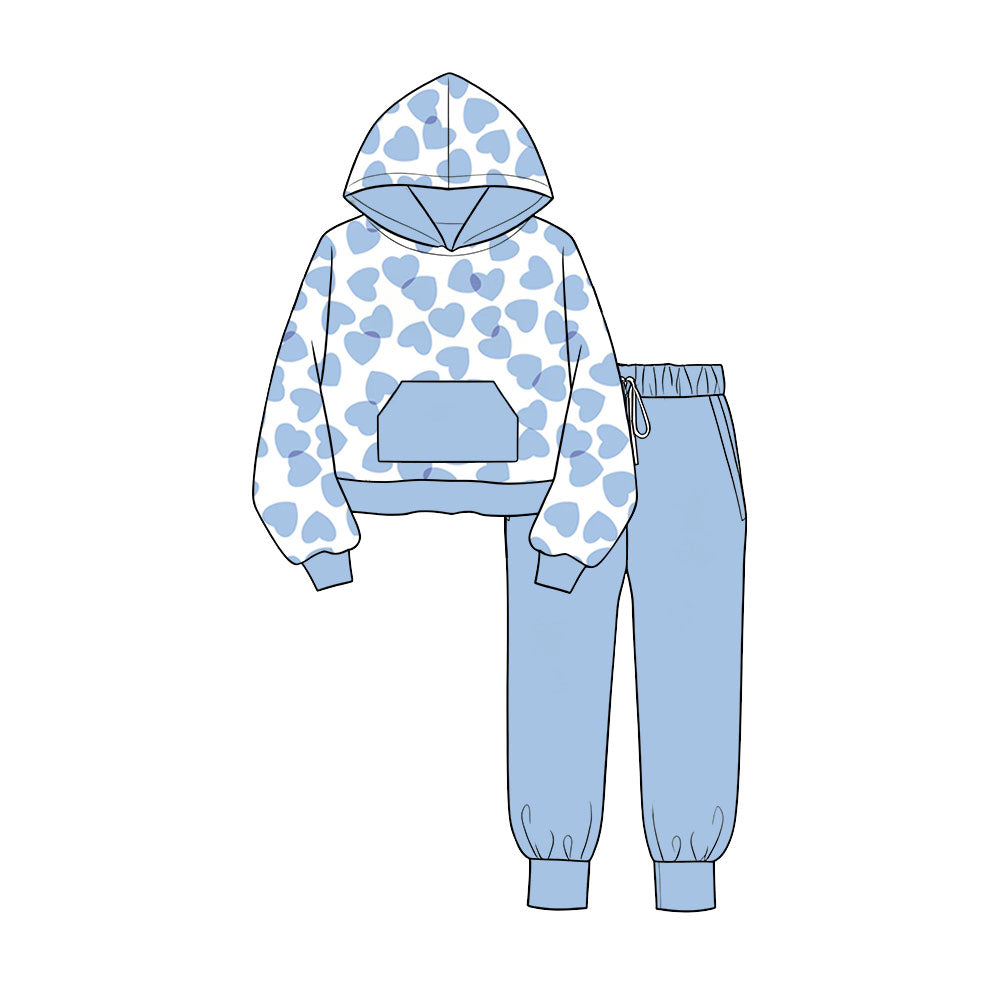 preorder BLP1563 Valentine's Day Heart Blue Pocket Hoodie Long Sleeve Pants Boys Set