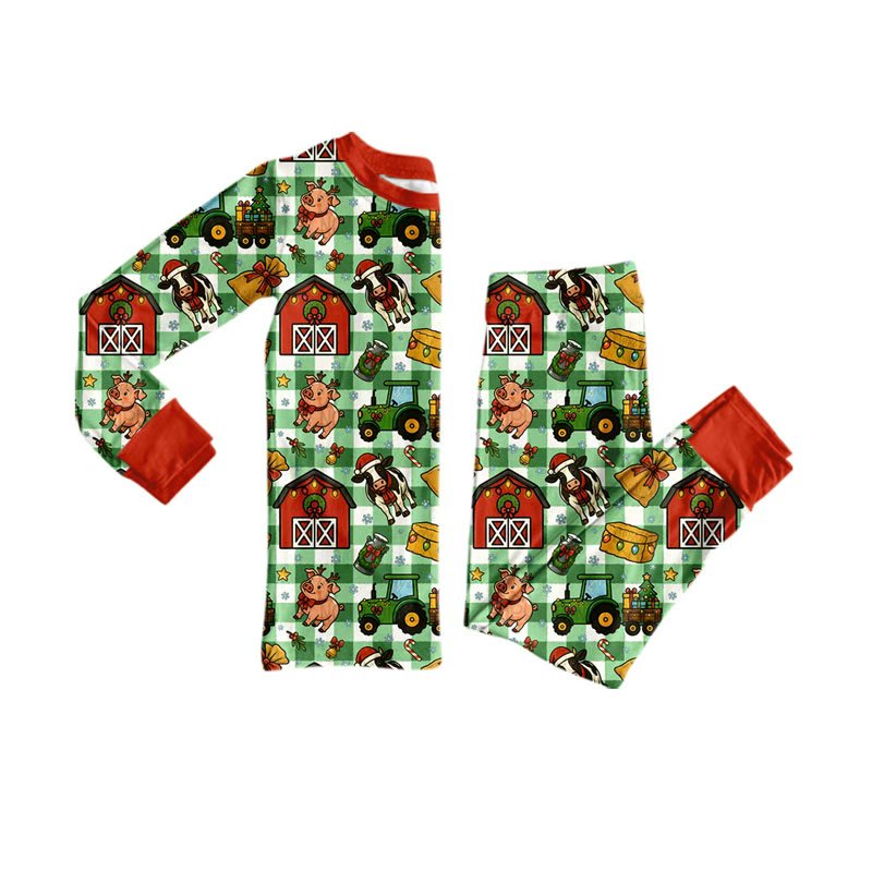 preorder BLP1564 Christmas Farm Creen Checkered Long Sleeve Pants Boys Pajamas