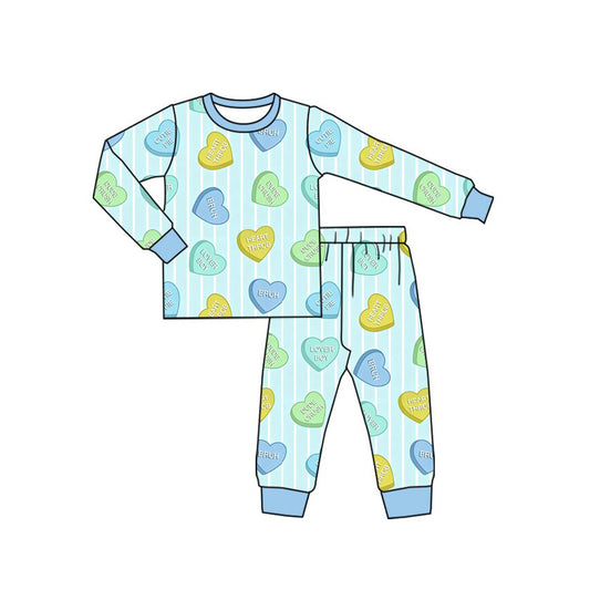preorder BLP1596 Valentine's Day Heart Blue Long Sleeve Pants Boys Pajamas