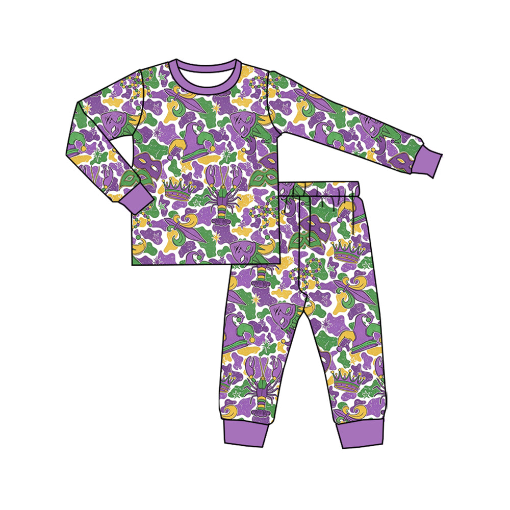 preorder BLP1611 Mardi Gras Camo Purple Long Sleeve Pants Boys Pajamas