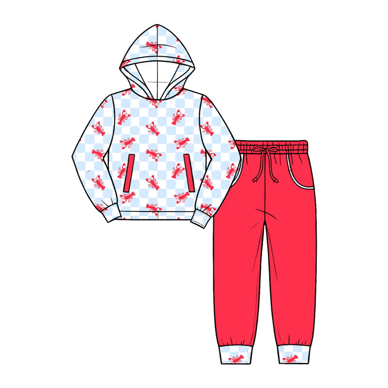 preorder BLP1624 Crayfish Checkered Hoodie Long Sleeve Red Pants Boys Set