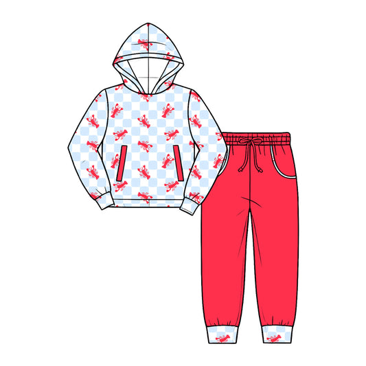 preorder BLP1624 Crayfish Checkered Hoodie Long Sleeve Red Pants Boys Set