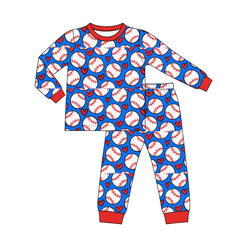 preorder BLP1632 Valentine's Day Heart Baseball Blue Long Sleeve Pants Boys Pajamas