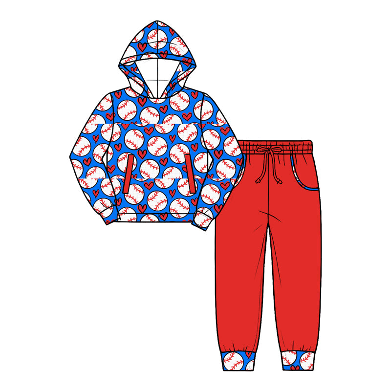 preorder BLP1634 Valentine's Day Heart Baseball Blue Hoodie Long Sleeve Red Pants Boys Set