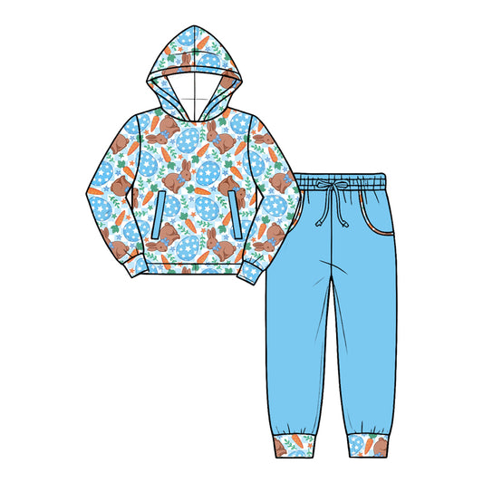 preorder BLP1635 Easter Rabbit Carrot Blue Hoodie Long Sleeve Blue Pants Boys Set