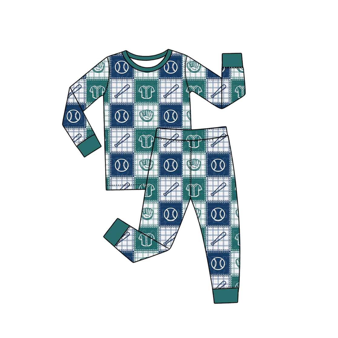 preorder BLP1641 Baseball Green Blue Long Sleeve Pants Boys Pajamas