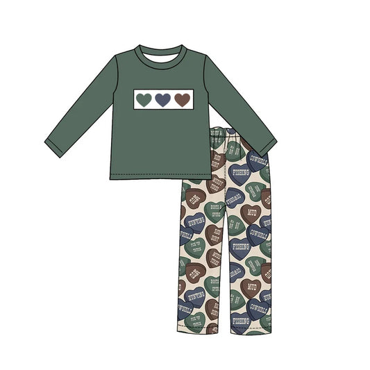 preorder BLP1661 Valentine's Day Heart Green Long Sleeve Pants Boys Set