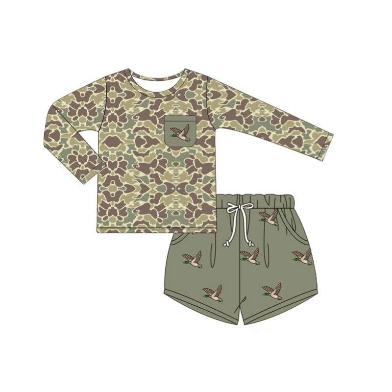 preorder BLS0002 hunting mallard duck camo pocket long sleeve shorts boys set