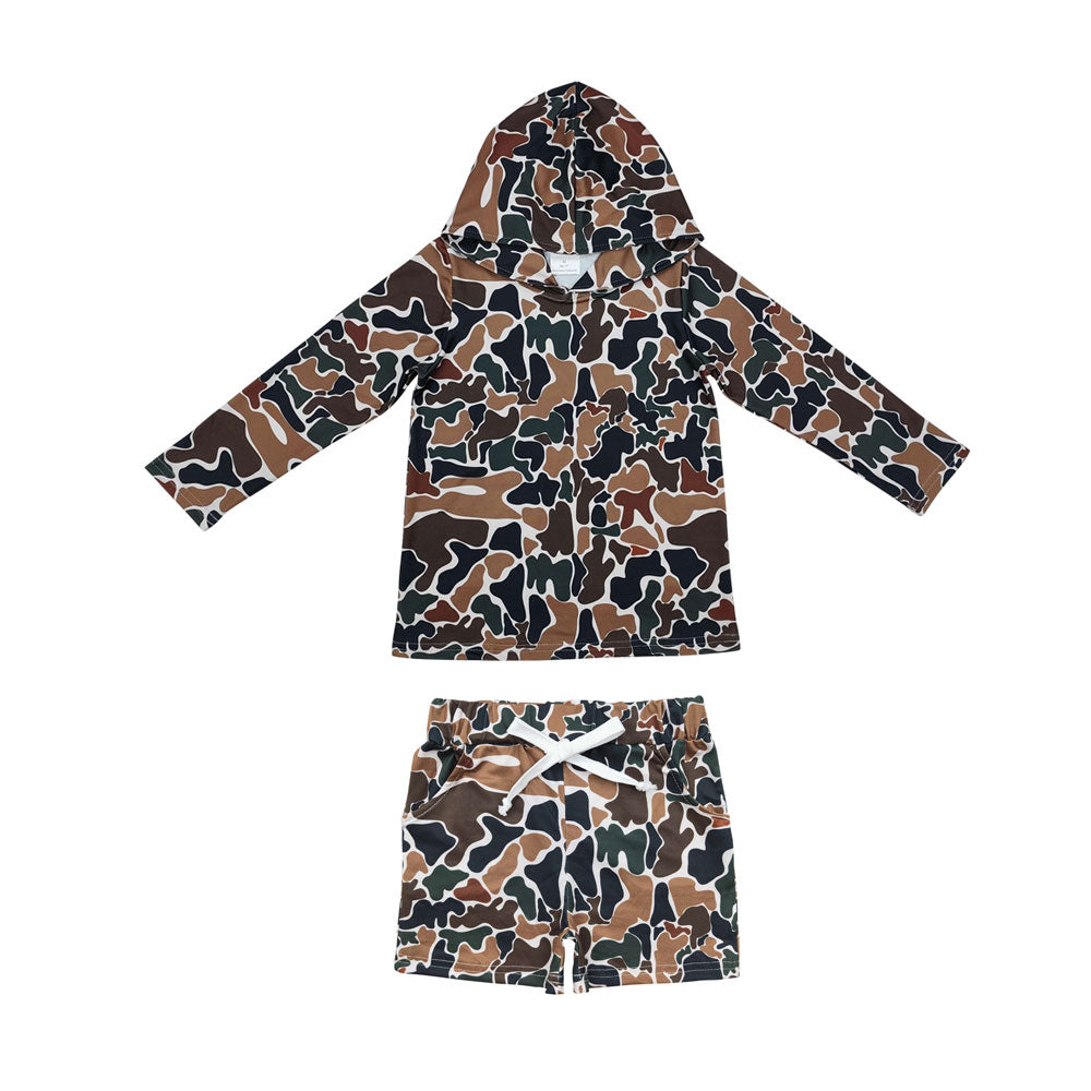 BLS0004 hunting brown camo hoodie long sleeve shorts boys set