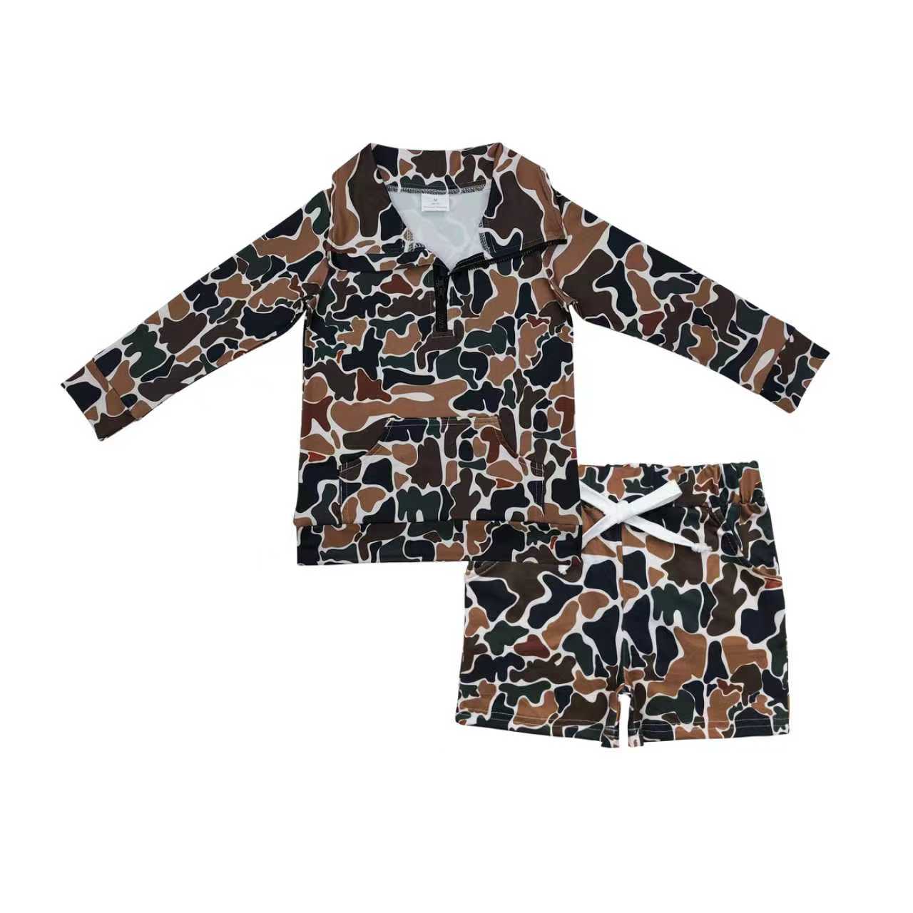 BLS0008 brown camo zipper long sleeve camo shorts boys set