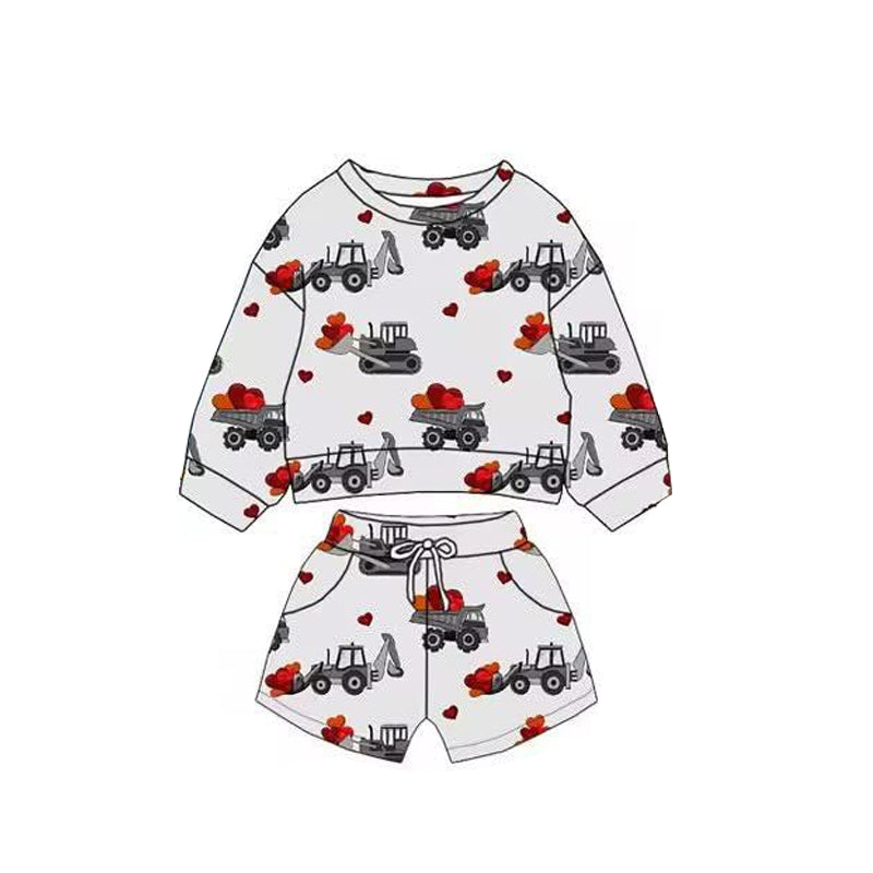 preorder BLS0017 Valentine's Day Heart Construction Truck Long Sleeve Shorts Boys Set