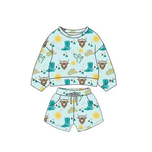 preorder BLS0021 Western Highland Cow Boots Blue Long Sleeve Shorts Boys Set