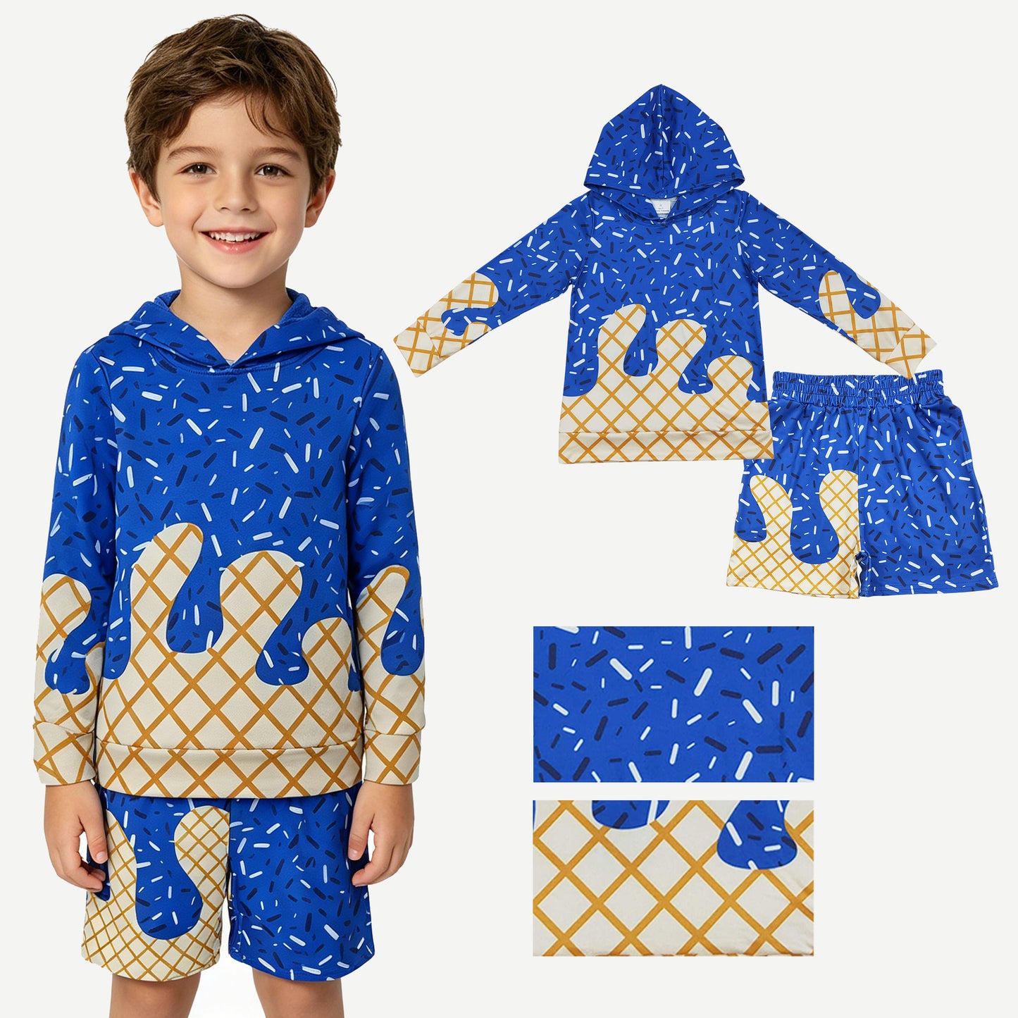 BLS0038 Navy Blue Sprinkles Hoodie Long Sleeve Shorts Boys Set BT1275+SS0775