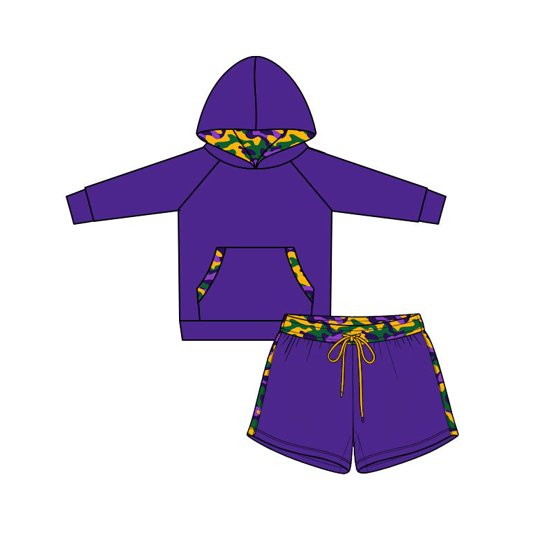 preorder BLS0061 Mardi Gras Purple Zipper Hoodie Long Sleeve Shorts Boys Set