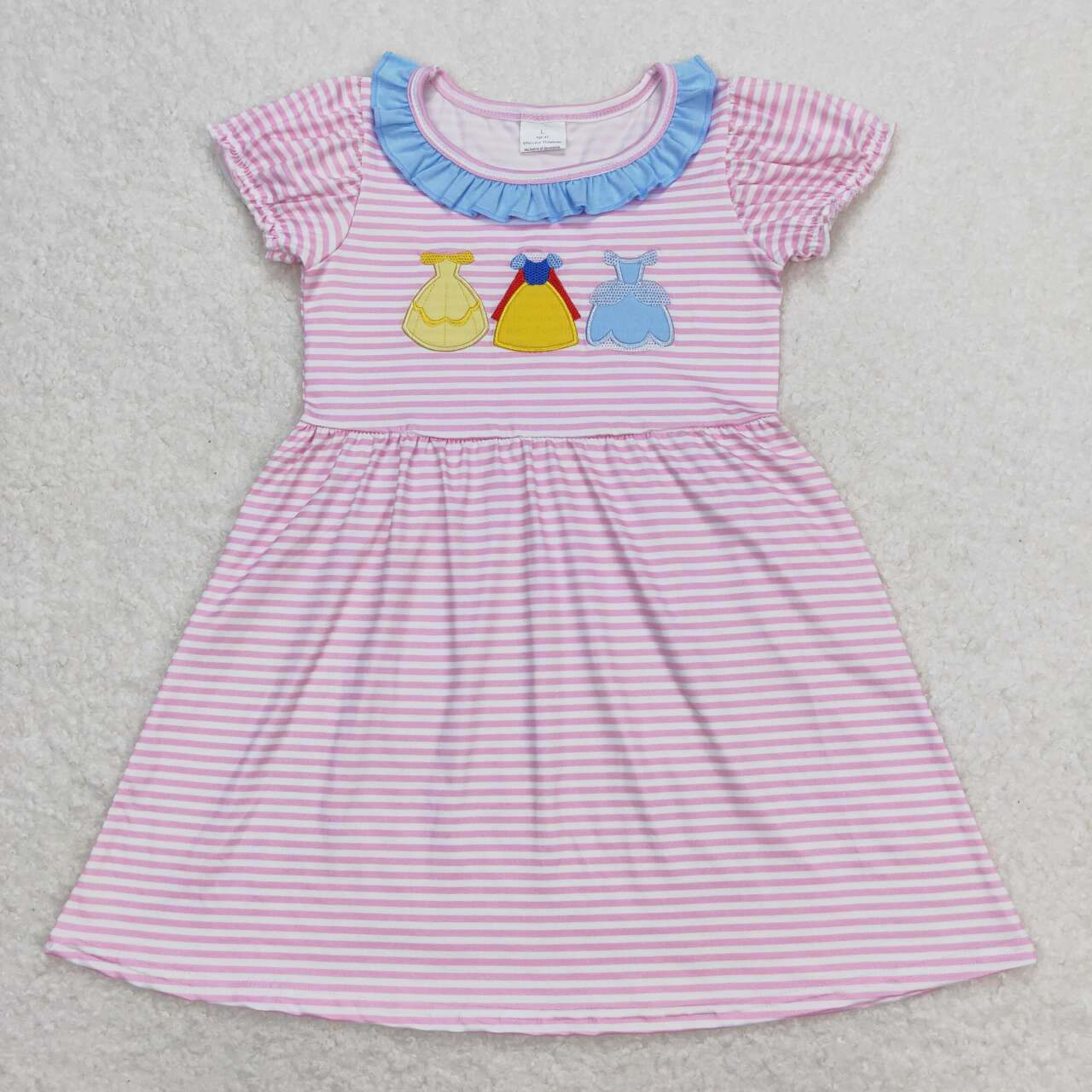 GSD0856 embroidery Cartoon princess pink striped short sleeve girls dress