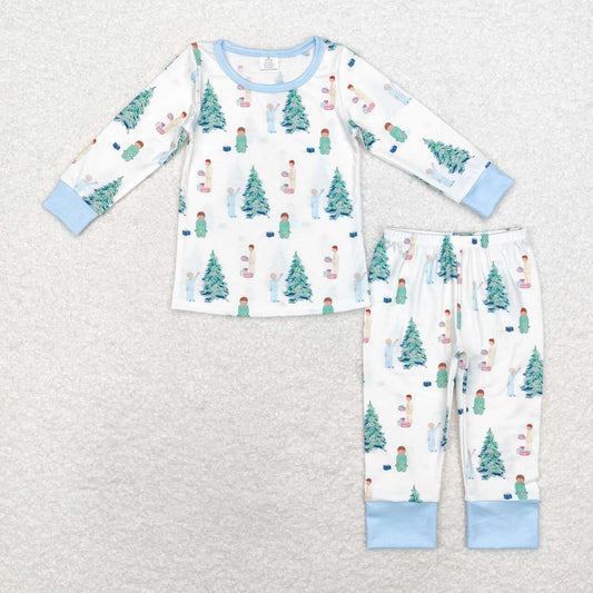 banboo BLP0633 Christmas tree baby blue long sleeve pants boys pajamas