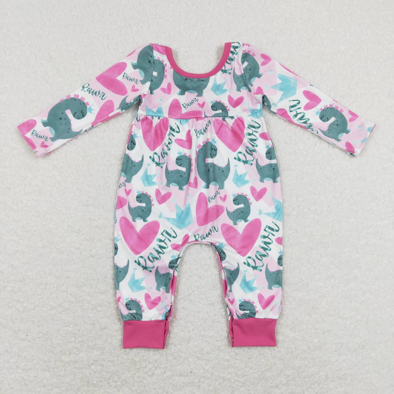 LR0877 Valentine's Day Dinosaur Heart Hot Pink Long Sleeve Girls Romper