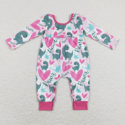 LR0877 Valentine's Day Dinosaur Heart Hot Pink Long Sleeve Girls Romper