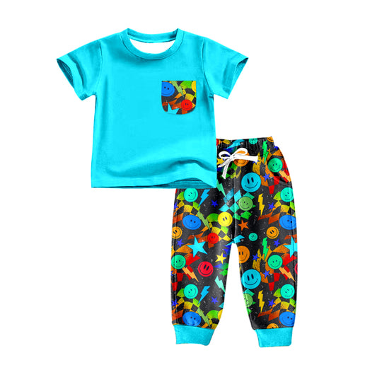 BSPO0131 Blue Pocket Short Sleeves Colorful Smile Pants Boys Clothes