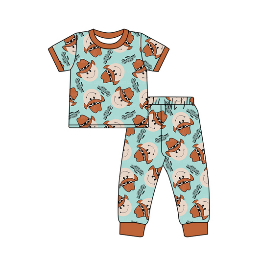 preorder BSPO0139 Western Smile Hat Cactus Long Sleeves Blue Pants Boys pajamas