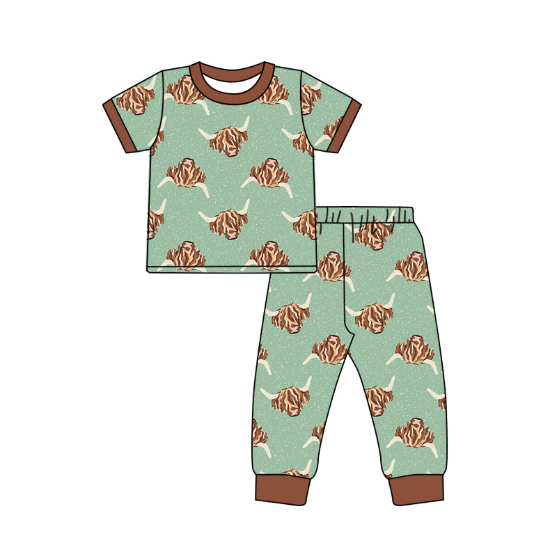 preorder BSPO0140 Highland Cow Short Sleeve Green Pants Boys Pajamas