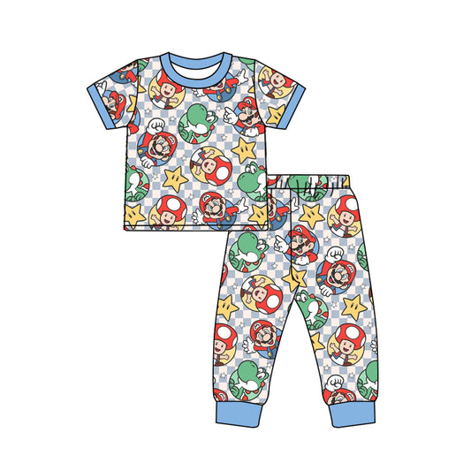 preorder BSPO0141 Cartoon Star Blue Short Sleeve Plaid Print Pants Boys Pajamas