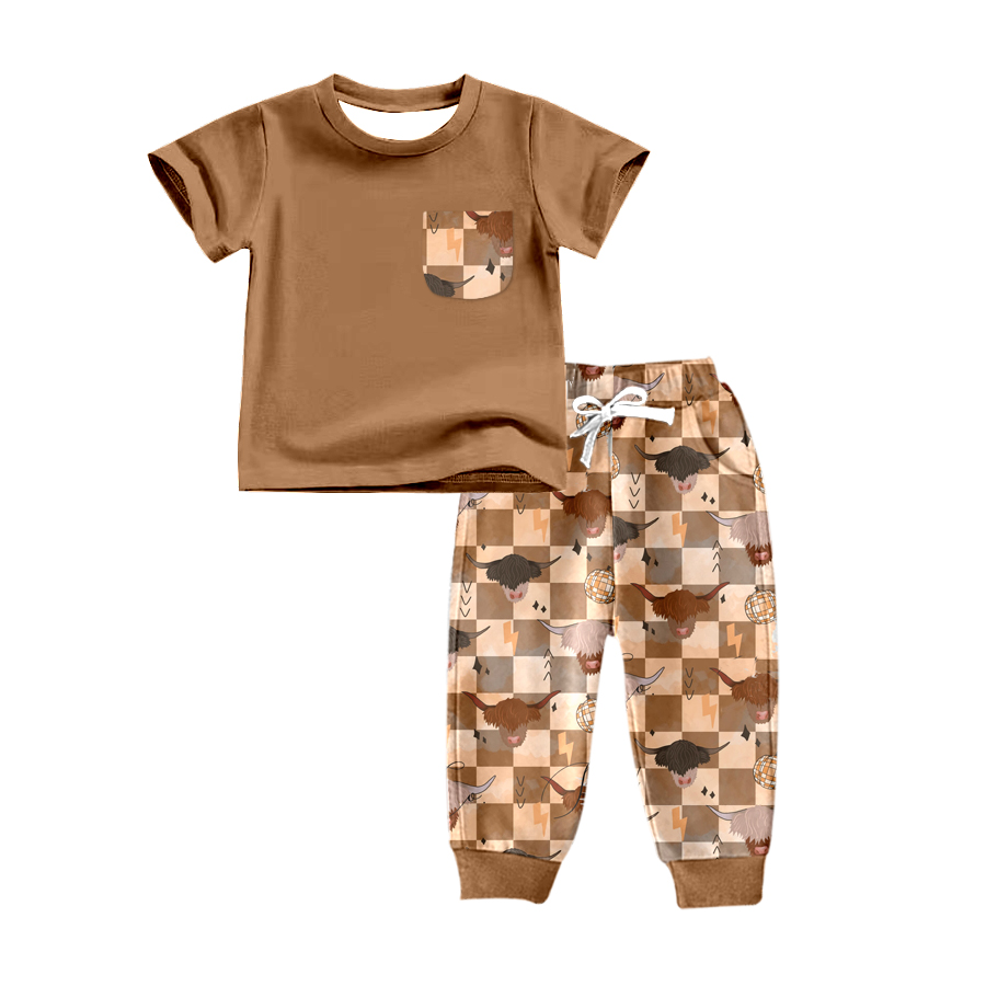 preorder BSPO0151 Western Highland CowPocket Short Sleeve Brown Pants Boys Kids Clothes