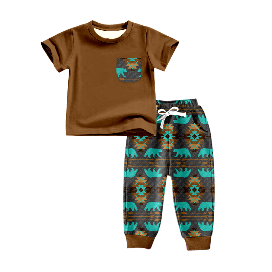 preorder BSPO0153 Aztec brown pocket short sleeve green pants boys set kids clothes