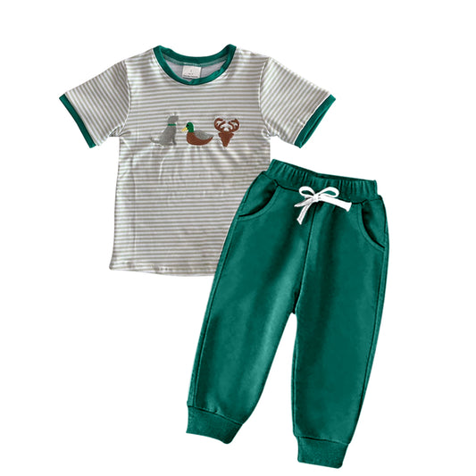 preorder BSPO0154 Dog duck deer striped short sleeve green pants boys set kids clothes