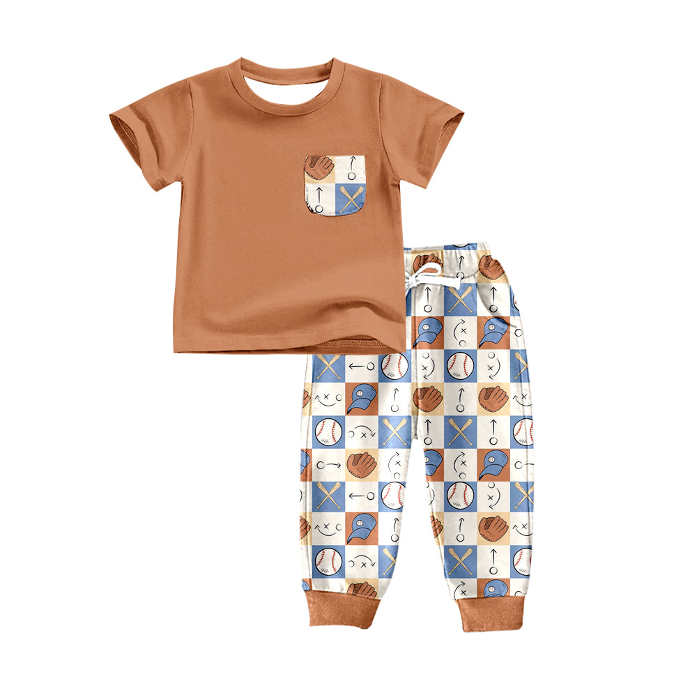 preorder BSPO0187 Baseball hat brown pocket short sleeve checkered pants boys set