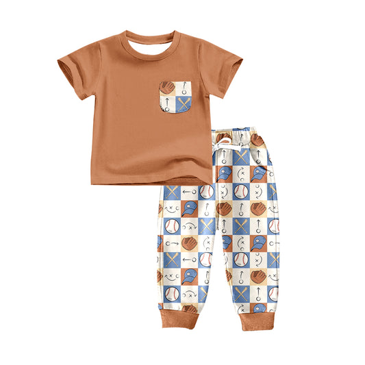 preorder BSPO0187 Baseball hat brown pocket short sleeve checkered pants boys set