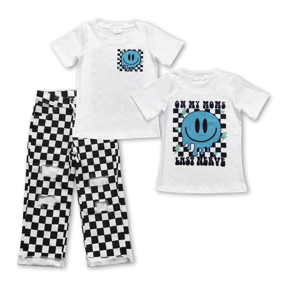 BSPO0191 My moms blue smile short sleeve black checkered hole denim pants boys set