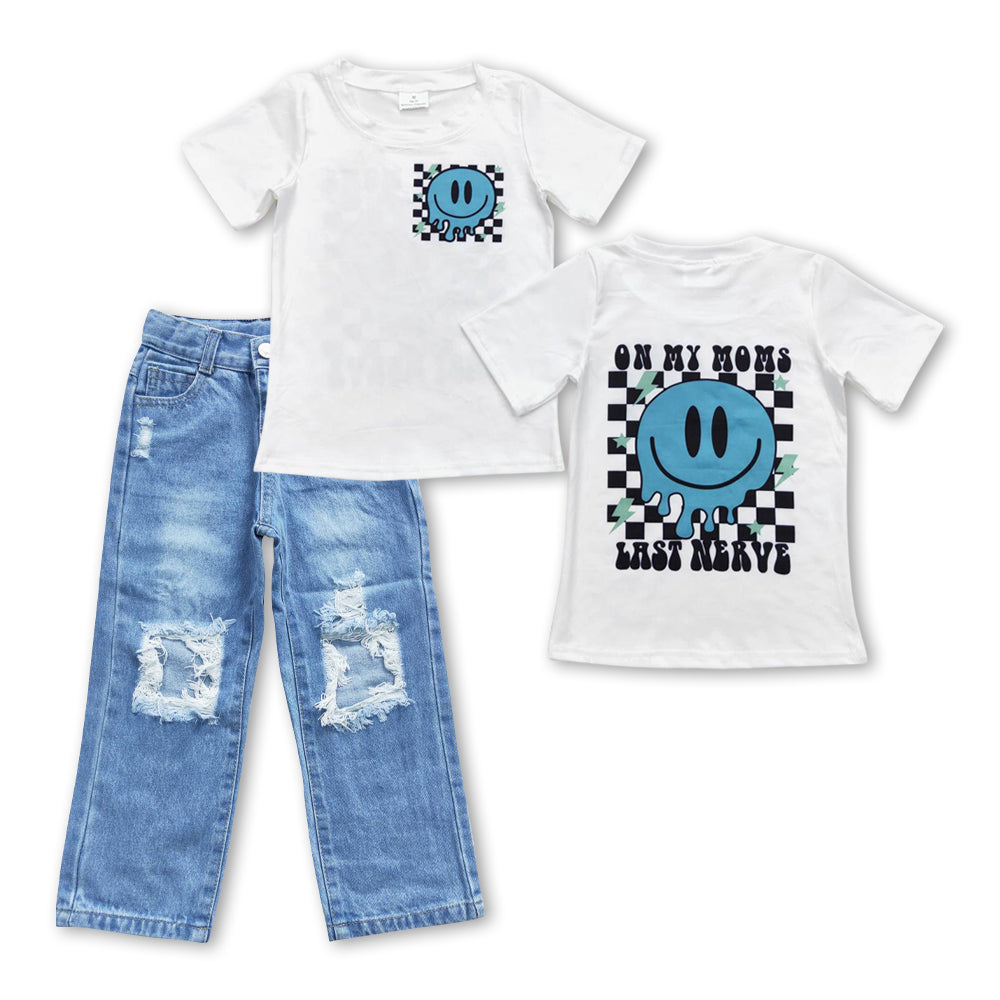 BSPO0192 My moms blue smile short sleeve blue hole denim pants boys set