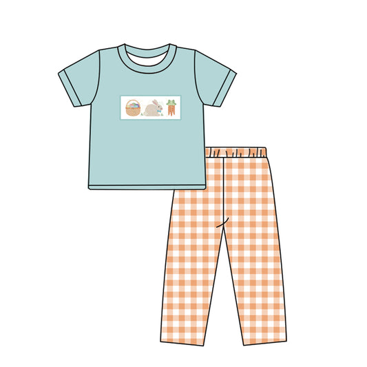 preorder BSPO0196 Easter egg rabbit carrot green short sleeve orange checkered pants boys set