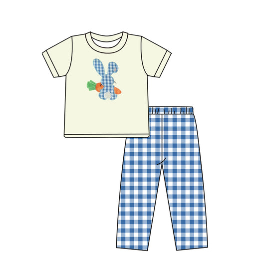 preorder BSPO0197 Easter rabbit carrot short sleeve blue checkered pants boys set