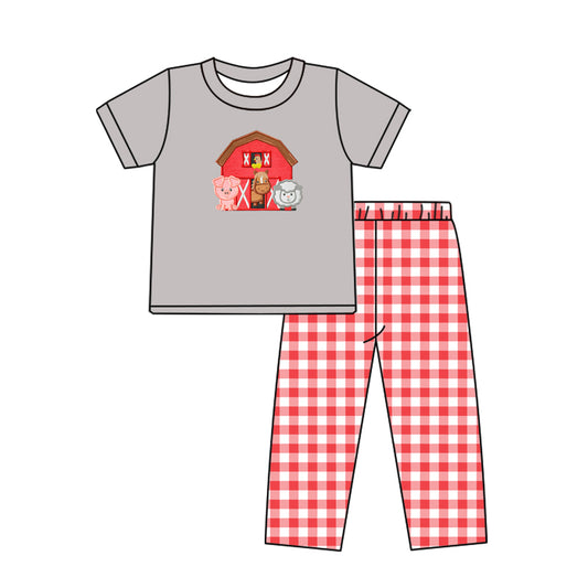 preorder BSPO0208 Farm house pig horse sheep grey short sleeve red checkered pants boys set