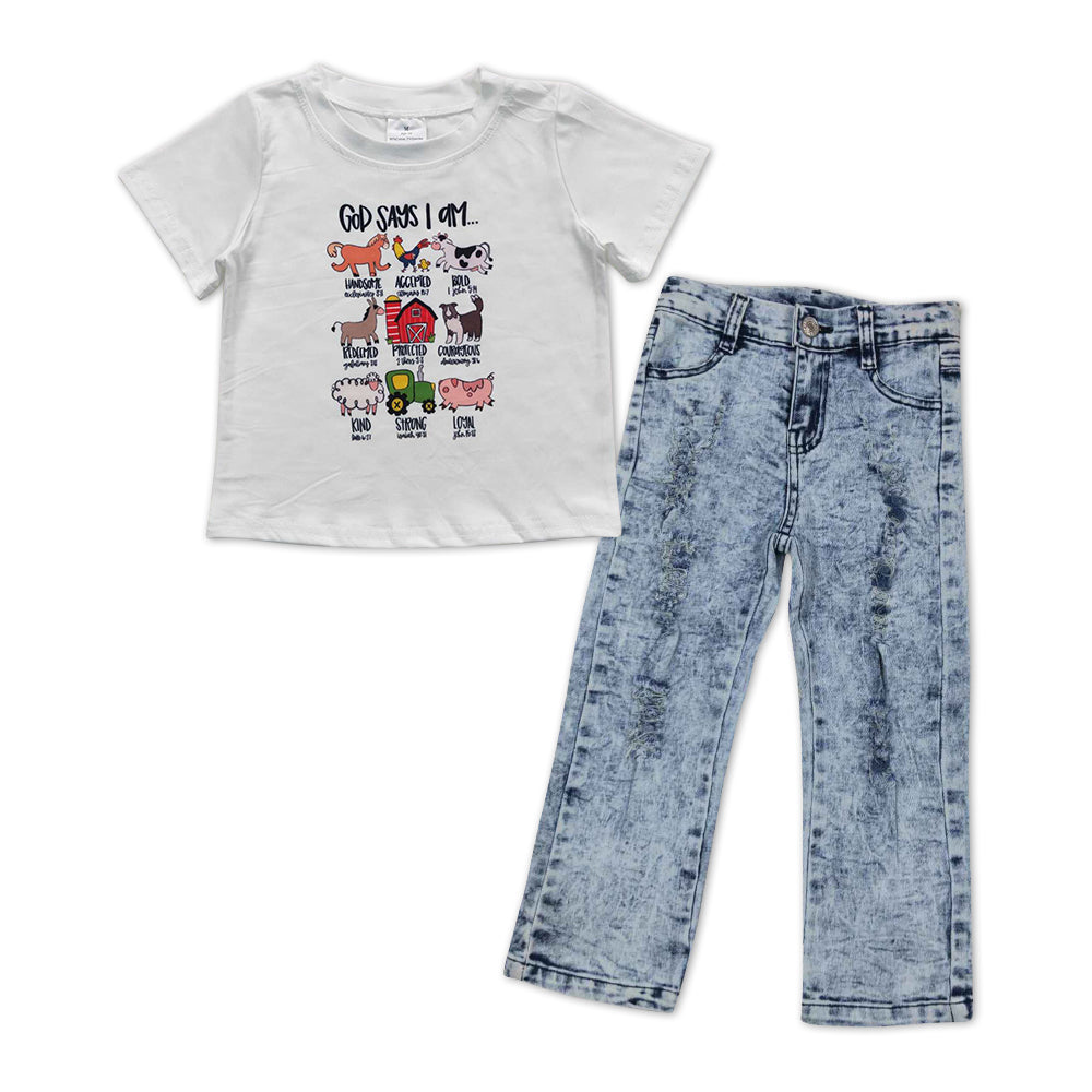 BSPO0210 Farm animals short sleeve denim ripped denim pants boys set